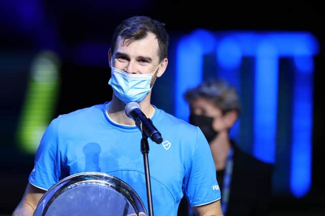 Jamie Murray speaks during the award ceremony at the final of the St Petersburg Open. Photo by Maksim Konstantinov/SOPA Images/Shutterstock (12581279v)