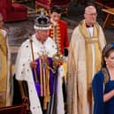 Lord President of the Council, Penny Mordaunt, holding the Sword of State walking ahead of King Charles III during the coronation. Picture: Yui Mok - WPA Pool/Getty Images