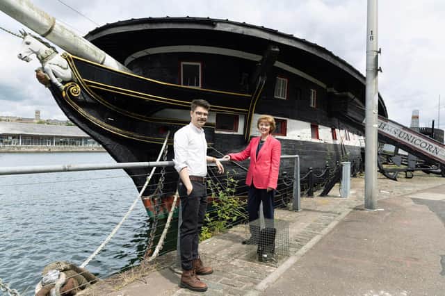 L-R: Matthew Bellhouse-Moran, Museum Director at HMS Unicorn, and Ray Macfarlane, Deputy Chair and Scotland Trustee of the National Heritage Memorial Fund (NHMF) in front of HMS Unicorn.