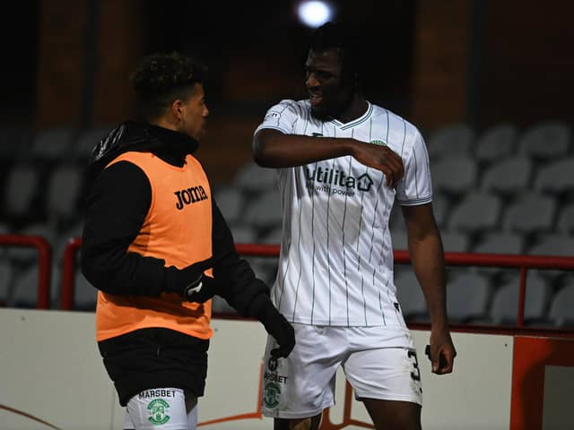 Hibs defender Rocky Bushiri walks off after being shown a red card in the goalless draw with Dundee.  (Photo by Paul Devlin / SNS Group)