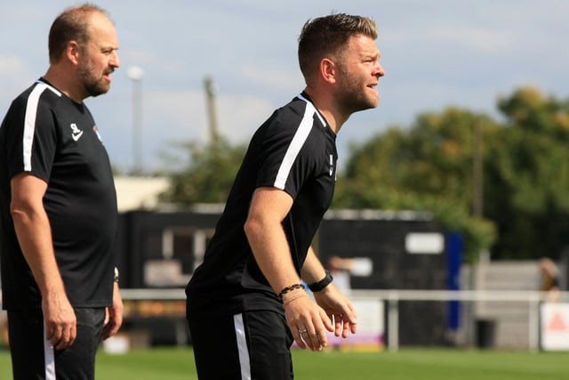 Worksop Town manager Ryan Hindley watches his side take on Albion Sports.