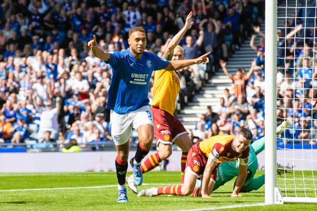 Cyriel Dessers puts Rangers one-nil up on Motherwell at Hampden. (Photo by Alan Harvey / SNS Group)