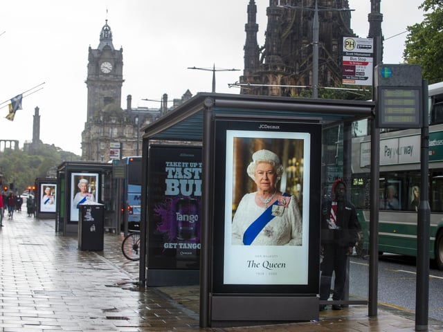 The day after the Queen's death, a tribute to Her Majesty appeared on Princes Street bus stop advertising boards.