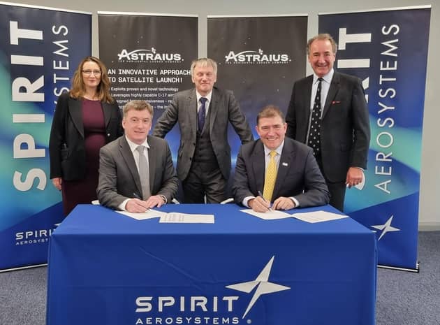 From left: Sam Marnick and Scott McLarty of Spirit AeroSystems, Scottish Business Minister Ivan McKee, and Astraius CEO Kevin Seymour and chairman Sir George Zambellas. Picture: contributed.