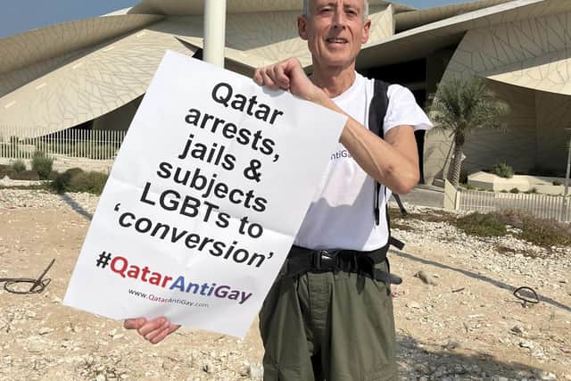 Campaigner Peter Tatchell was arrested in Qatar earlier this year for a one-day demonstration in which he held up a placard stating “Qatar arrests, jails & subjects LGBTs to ‘conversion’ #QatarAntiGay”.