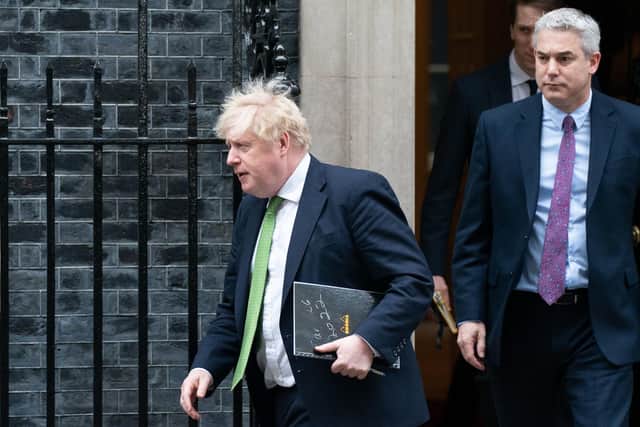 Prime Minister, Boris Johnson leaves 10 Downing Street in London followed by his Chief of Staff, Stephen Barclay after chairing a meeting of the Government's Cobra emergency committee to discuss latest developments regarding Ukraine. Photo: Stefan Rousseau/PA Wire