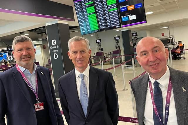 Civil Aviation Authority chair Sir Stephen Hillier, centre, at Edinburgh Airport with its chief executive Gordon Dewar and chair Sir John Elvidge. Picture: CAA