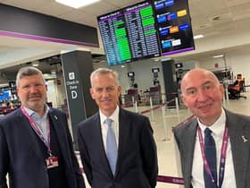 Civil Aviation Authority chair Sir Stephen Hillier, centre, at Edinburgh Airport with its chief executive Gordon Dewar and chair Sir John Elvidge. Picture: CAA