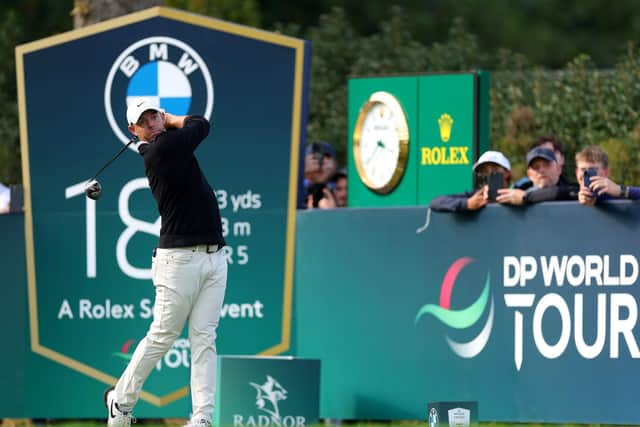 Rory McIlroy tees off on the 18th hole during day three of the BMW PGA Championship at Wentworth Club. Picture: Andrew Redington/Getty Images.