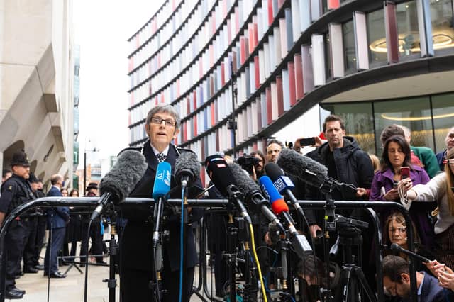 Metropolitan Police Commissioner Dame Cressida Dick makes a statement to the media outside the Old Bailey in London, after police officer Wayne Couzens, 48, was handed a whole life order at the Old Bailey for the kidnap, rape and murder of Sarah Everard. Picture: PA