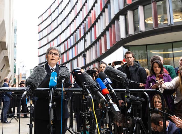 Metropolitan Police Commissioner Dame Cressida Dick makes a statement to the media outside the Old Bailey in London, after police officer Wayne Couzens, 48, was handed a whole life order at the Old Bailey for the kidnap, rape and murder of Sarah Everard. Picture: PA
