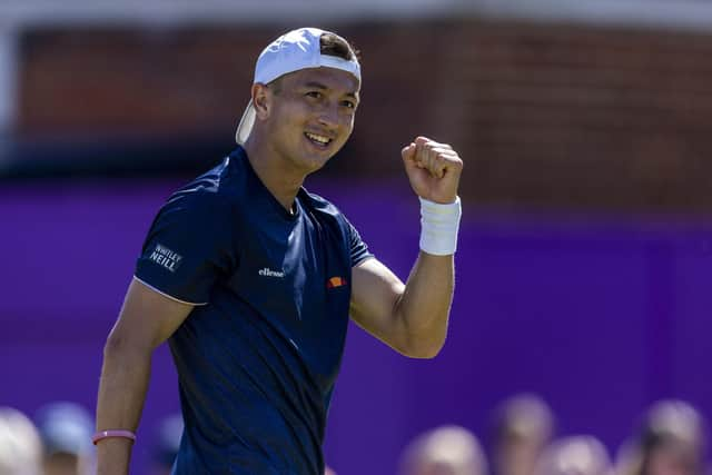 Ryan Peniston celebrates winning his match on day two of the cinch Championships at The Queen's Club, London.(Steven Paston/PA Wire)