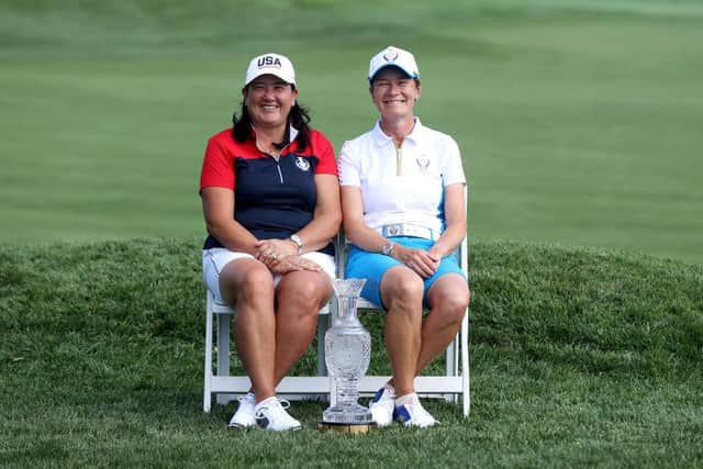 Team USA captain Pat Hurst and Team Europe counterpart Catriona Matthew pose for a photo at Inverness Golf Club in Toledo, Ohio, ahead of Saturday's Solheim Cup start. Picture: Gregory Shamus/Getty Images.