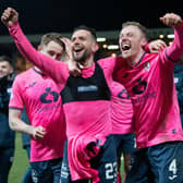 Raith Rovers' Dylan Easton and Ross Millen celebrate reaching the final of the SPFL Trust Challenge Cup Trophy after the penalty shoot-out win over Dundee.  (Photo by Ross Parker / SNS Group)