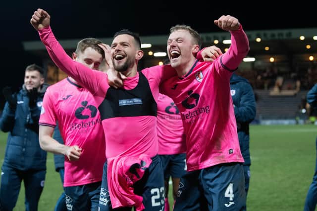 Raith Rovers' Dylan Easton and Ross Millen celebrate reaching the final of the SPFL Trust Challenge Cup Trophy after the penalty shoot-out win over Dundee. (Photo by Ross Parker / SNS Group)