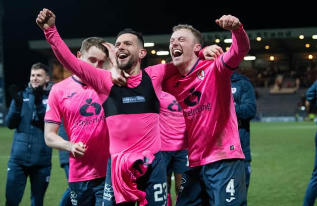Raith Rovers' Dylan Easton and Ross Millen celebrate reaching the final of the SPFL Trust Challenge Cup Trophy after the penalty shoot-out win over Dundee. (Photo by Ross Parker / SNS Group)