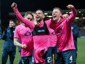 Raith Rovers' Dylan Easton and Ross Millen celebrate reaching the final of the SPFL Trust Challenge Cup Trophy after the penalty shoot-out win over Dundee.  (Photo by Ross Parker / SNS Group)