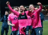 Raith Rovers' Dylan Easton and Ross Millen celebrate reaching the final of the SPFL Trust Challenge Cup Trophy after the penalty shoot-out win over Dundee.  (Photo by Ross Parker / SNS Group)