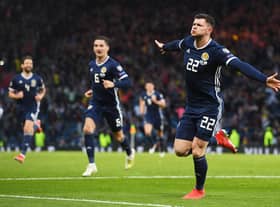Scotland's Oliver Burke celebrates his late goal against Cyprus back in June 2019.