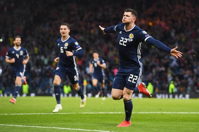 Scotland's Oliver Burke celebrates his late goal against Cyprus back in June 2019.