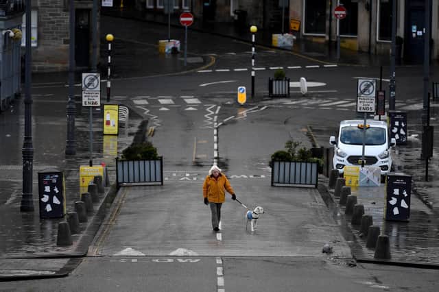 A quiet dog walk in Edinburgh City Centre on January 4, 2021 in Edinburgh, Scotland.