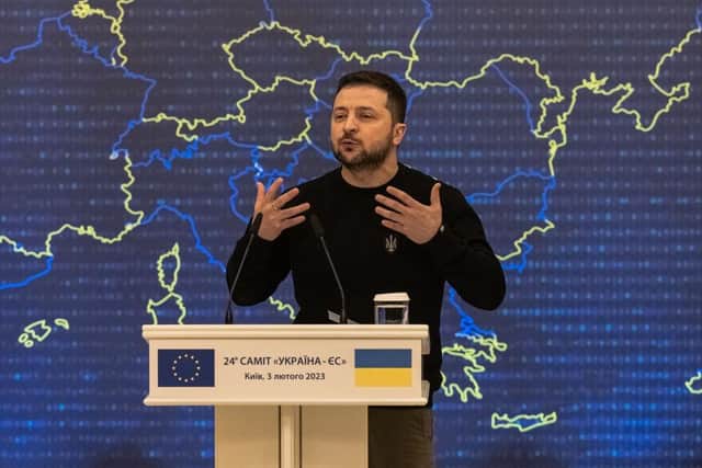 Ukrainian President Volodymyr Zelensky speaks at the 24th EU-Ukraine summit in Kyiv last week.