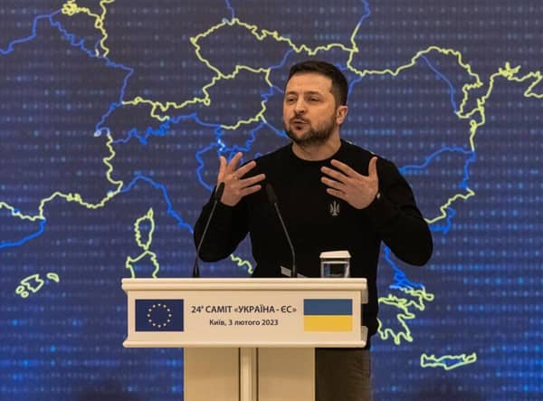 Ukrainian President Volodymyr Zelensky speaks at the 24th EU-Ukraine summit in Kyiv last week.