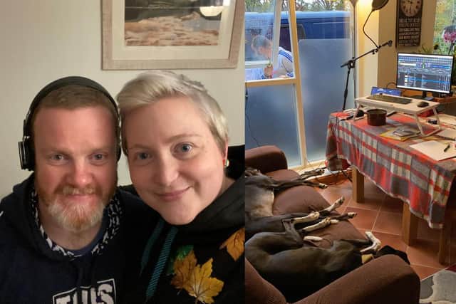 Husband and wife team Cath and Pete broadcast for Speysound in Aviemore from their kitchen with their greyhounds (two pictured). They have a static caravan outside their kitchen window to host guests, restrictions permitting picture: Cath Wright