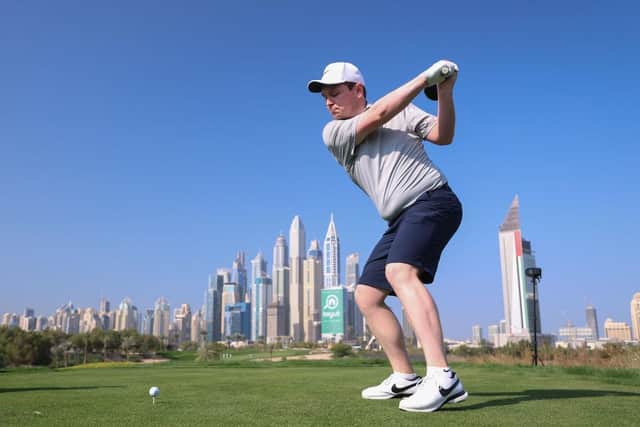 Bob MacIntyre tees off on the eighth hole on the Majlis Course at Emirates Golf Club during the Hero Dubai Desert Classic Pro-Am. Picture: Warren Little/Getty Images.