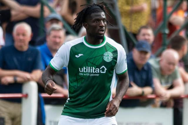 Rocky Bushiri in action during Hibs' 4-1 win over Bonnyrigg Rose in the Premier Sports Cup on Sunday. (Photo by Mark Scates / SNS Group)