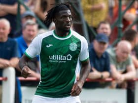 Rocky Bushiri in action during Hibs' 4-1 win over Bonnyrigg Rose in the Premier Sports Cup on Sunday. (Photo by Mark Scates / SNS Group)