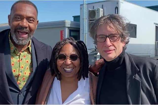 Lenny Henry, left, Whoopi Goldberg,  centre, and Neil Gaiman, right, recorded a message for fans from the set of Anansi Boys in Leith.