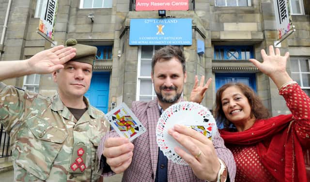 Brigadier Ben Wrench, magician Kevin Quantum, and actor and comedian Lubna Kerr launch this year's Army at the Fringe programme..