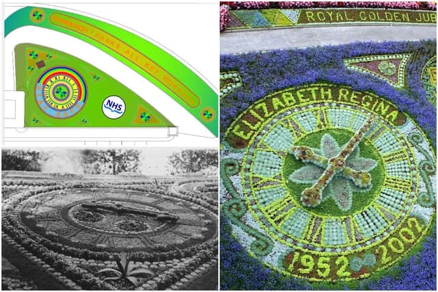 The floral landmark's new design and the clock in previous years (1903 and 2002)