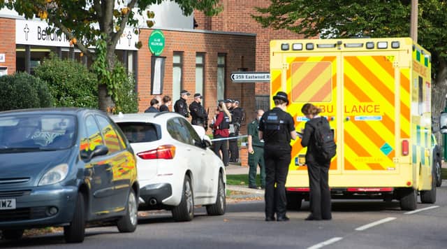 Emergency services at the scene near the Belfairs Methodist Church in Eastwood Road North, Leigh-on-Sea, Essex. Picture: Press Association
