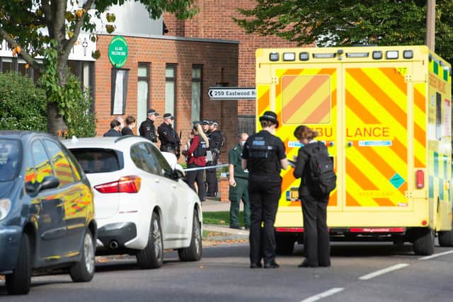 Emergency services at the scene near the Belfairs Methodist Church in Eastwood Road North, Leigh-on-Sea, Essex. Picture: Press Association
