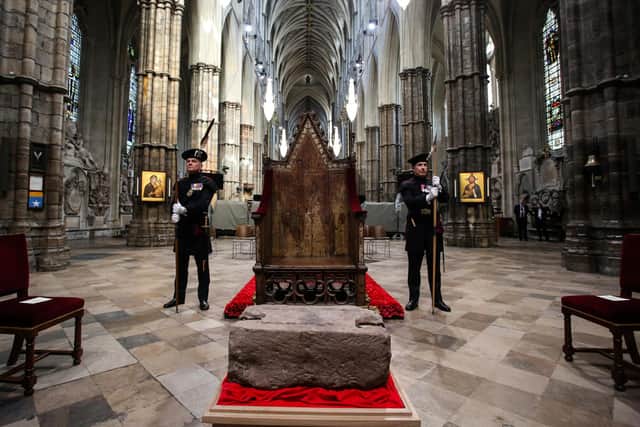 The Stone of Destiny, the ancient symbol of Scotland's monarchy and kingdom, will move permanently to Perth Museum from Edinburgh Castle. It was used for Coronation of Scottish Kings at Scone until the late 13th Century when it was taken as war loot by Edward I. It is pictured here at Westminster Abbey for the coronation of King Charles III. PIC: Susannah Ireland/PA Wire