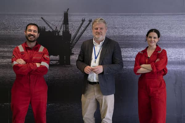 Cuture secretary Angus Robertson visits filming of The Rig at Bath Road studios in Leith to meet with stars Martin Compston and Emily Hampshire