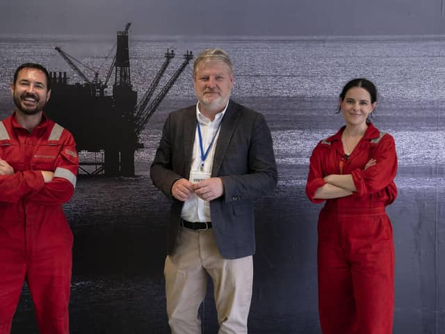 Cuture secretary Angus Robertson visits filming of The Rig at Bath Road studios in Leith to meet with stars Martin Compston and Emily Hampshire