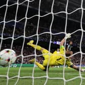Celtic goalkeeper Joe Hart is beaten as Marco Asensio puts Real Madrid three goals ahead at the Bernabeu. (Photo by Clive Brunskill/Getty Images)