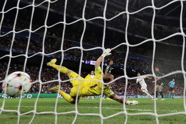 Celtic goalkeeper Joe Hart is beaten as Marco Asensio puts Real Madrid three goals ahead at the Bernabeu. (Photo by Clive Brunskill/Getty Images)