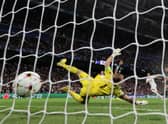 Celtic goalkeeper Joe Hart is beaten as Marco Asensio puts Real Madrid three goals ahead at the Bernabeu. (Photo by Clive Brunskill/Getty Images)