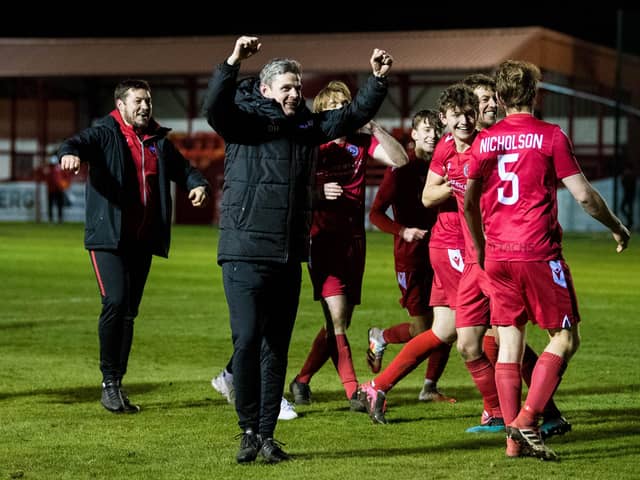 Brora Rangers celebrating their victory over Hearts in the Scottish Cup last week. Picture: SNS