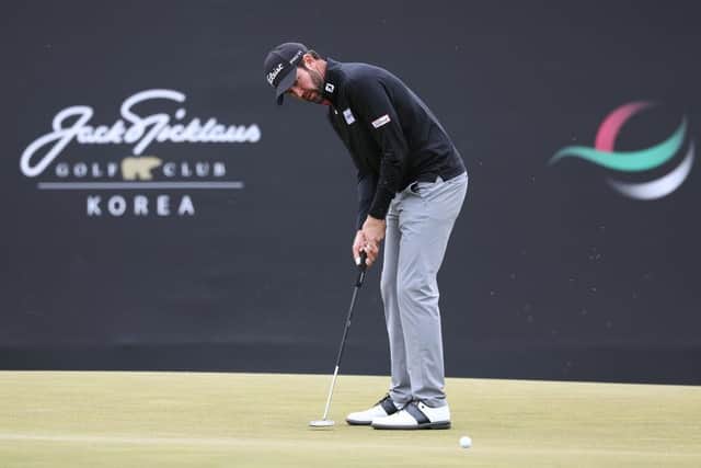 Scott Jamieson putts on the 18th green in the second round of the Korea Championship Presented by Genesis at Jack Nicklaus GC Korea in Incheon. Picture: Chung Sung-Jun/Getty Images.