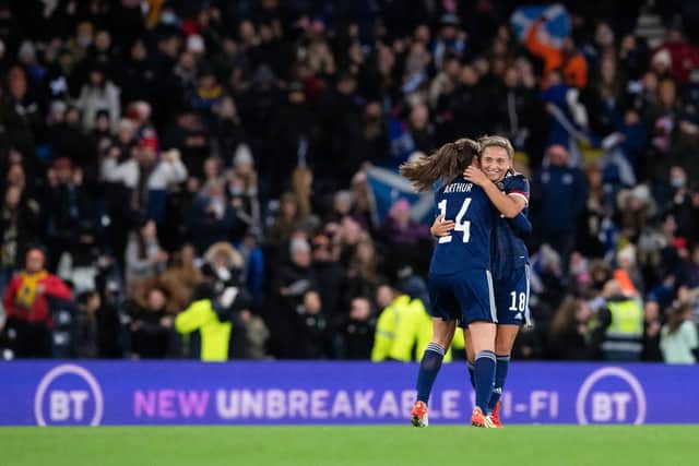Scotland's Abi Harrison (R) celebrates making it 1-1 during the FIFA Women's World Cup Qualifier between Scotland and Ukraine at Hampden Park, on November 26, 2021, in Glasgow, Scotland. (Photo by Ross MacDonald / SNS Group)