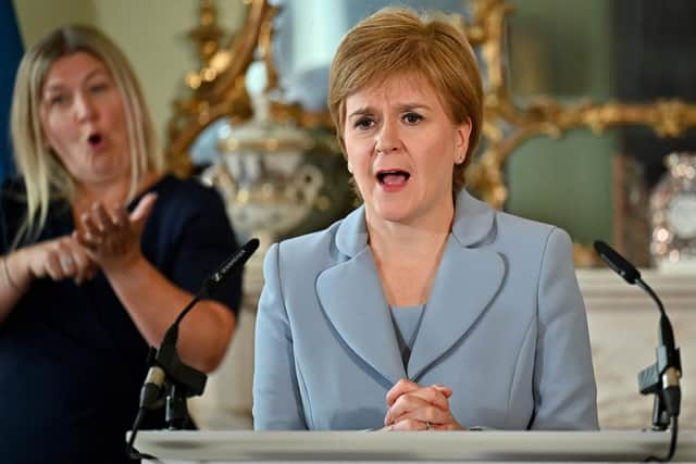 Scotland's First Minister and leader of the Scottish National Party, Nicola Sturgeon, holds a media briefing at Bute House. Picture: Jeff J Mitchell /POOL/AFP via Getty Images