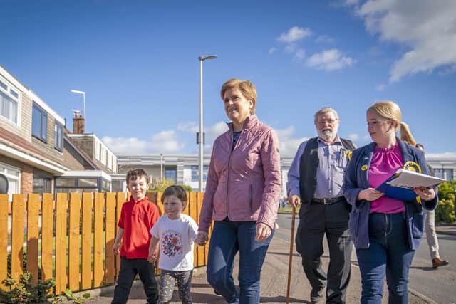 Nicola Sturgeon meets with residents in Loanhead, Midlothian, while on the local election campaign trail