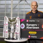 Philippe Clement pictured with the trophy his team will contest against Aberdeen at Hampden on Sunday afternoon in an occasion he maintains will not be crucial for the rest of the club's seasons. Viaplay’s live and exclusive coverage of Rangers v Aberdeen in the Viaplay Cup Final available to stream from viaplay.com or via  the TV provider on Sky, Virgin TV and Amazon Prime as an add-on subscription. (Photo by Alan Harvey / SNS Group)