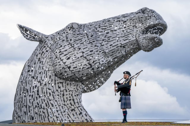 Piper Mark Sutherland  plays during a special event day to celebrate the 10th anniversary of the Kelpies.
