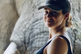 Shailene Woodley with an elephant in Chad. Picture: BBC Studios/PA.